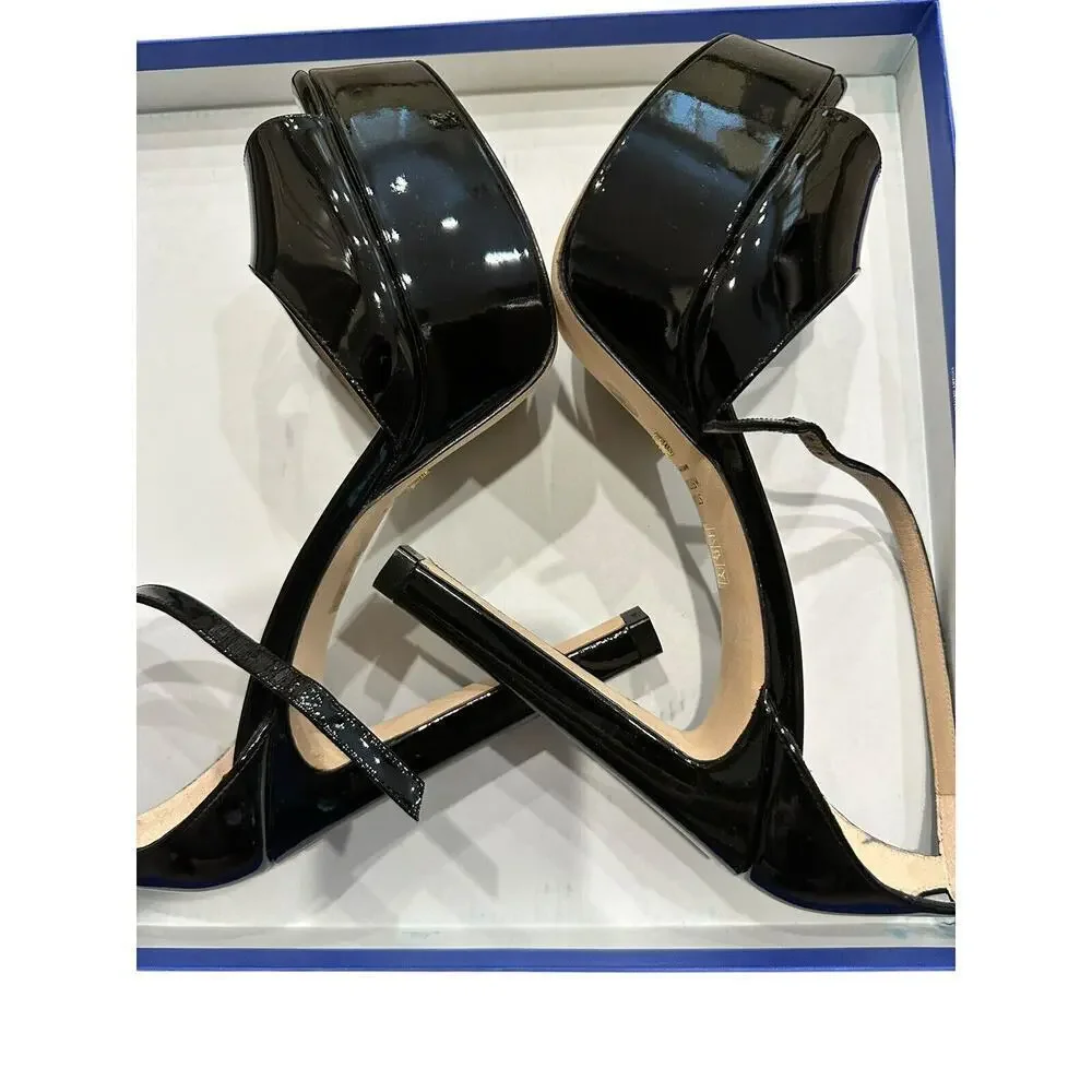 Stuart Weitzman DiscoPlatform Black Patent Leather Sandals Sz 9 $595 NEW
